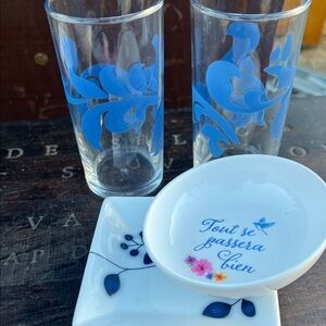 Blue Floral Glass Set with White Ceramic Plates
